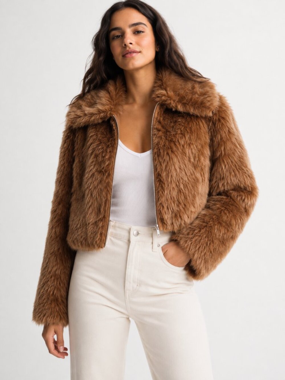 Abercrombie & Fitch Faux Fur Cropped Jacket Oversized Collar Size M NWT